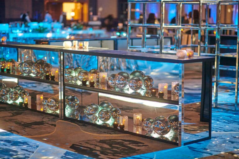 Mirrored inset bar featuring disco balls and candles